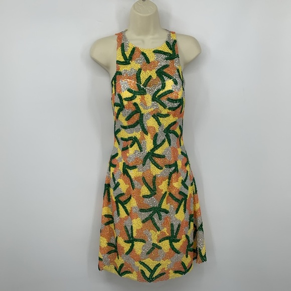 Sherri Hill beaded dress tropical print back keyhole formal short sequin shift 6 - Picture 1 of 6